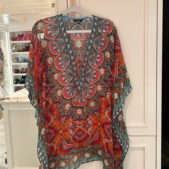 Sheer Swarovski crystal Bright Embroidered Tunic coverup Size large beach - Picture 1 of 4